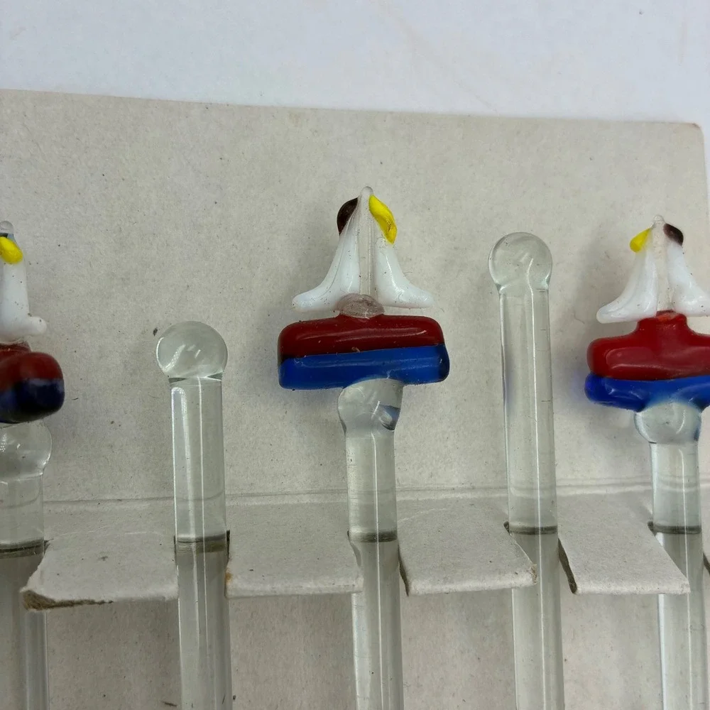 Lillian Vernon Hand Blown Glass Sailboat Swizzle Sticks Set of 6 Nautical 8 in